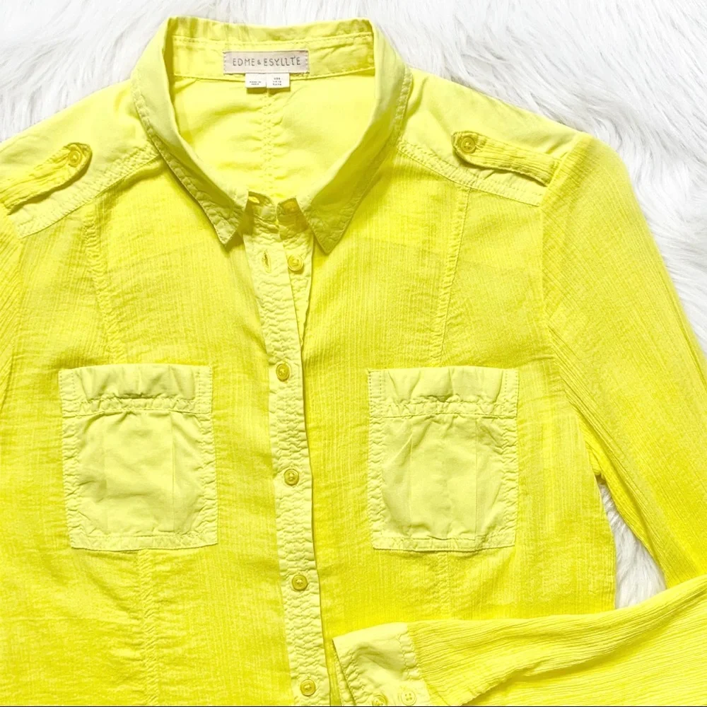 SOLD-Anthropologie Crinkle Roll Sleeve Bright Yellow Buttondown Top - Picture 6 of 9
